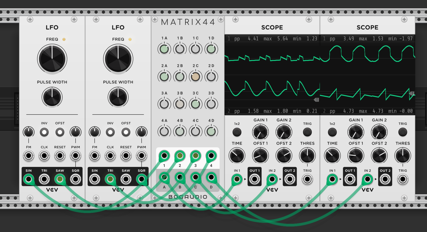 Two LFOs with four waveshape outputs (sine, triangle, sawtooth, square) patched into a Bogaudio MATRIX44's four inputs. Each of the four outputs (A, B, C, D) goes to a scope. The knob grid controls how much of each waveform reaches each output — different knob settings on each row produce different combined shapes on the scopes