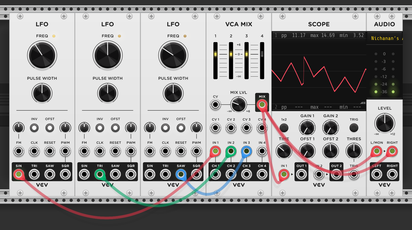 Three LFOs each outputting a different waveshape (sine, triangle, sawtooth) at different frequencies, all into VCA MIX channels 1-3. MIX output to scope shows a complex, irregular waveform — the sum of all three shapes