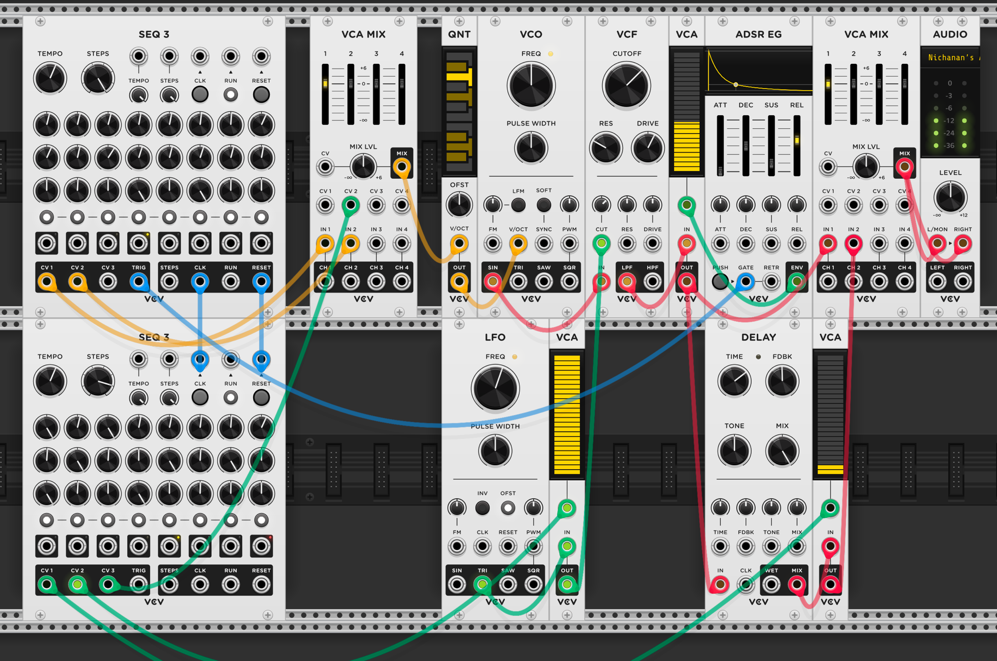 A VCA MIX is inserted between the first SEQ3 and the quantizer. SEQ3 row 1 goes to VCA MIX channel 1, row 2 goes to channel 2. The VCA MIX output feeds the quantizer. The second SEQ3's row 3 controls VCA MIX channel 2's CV input, gating when row 2's pitch contribution is active