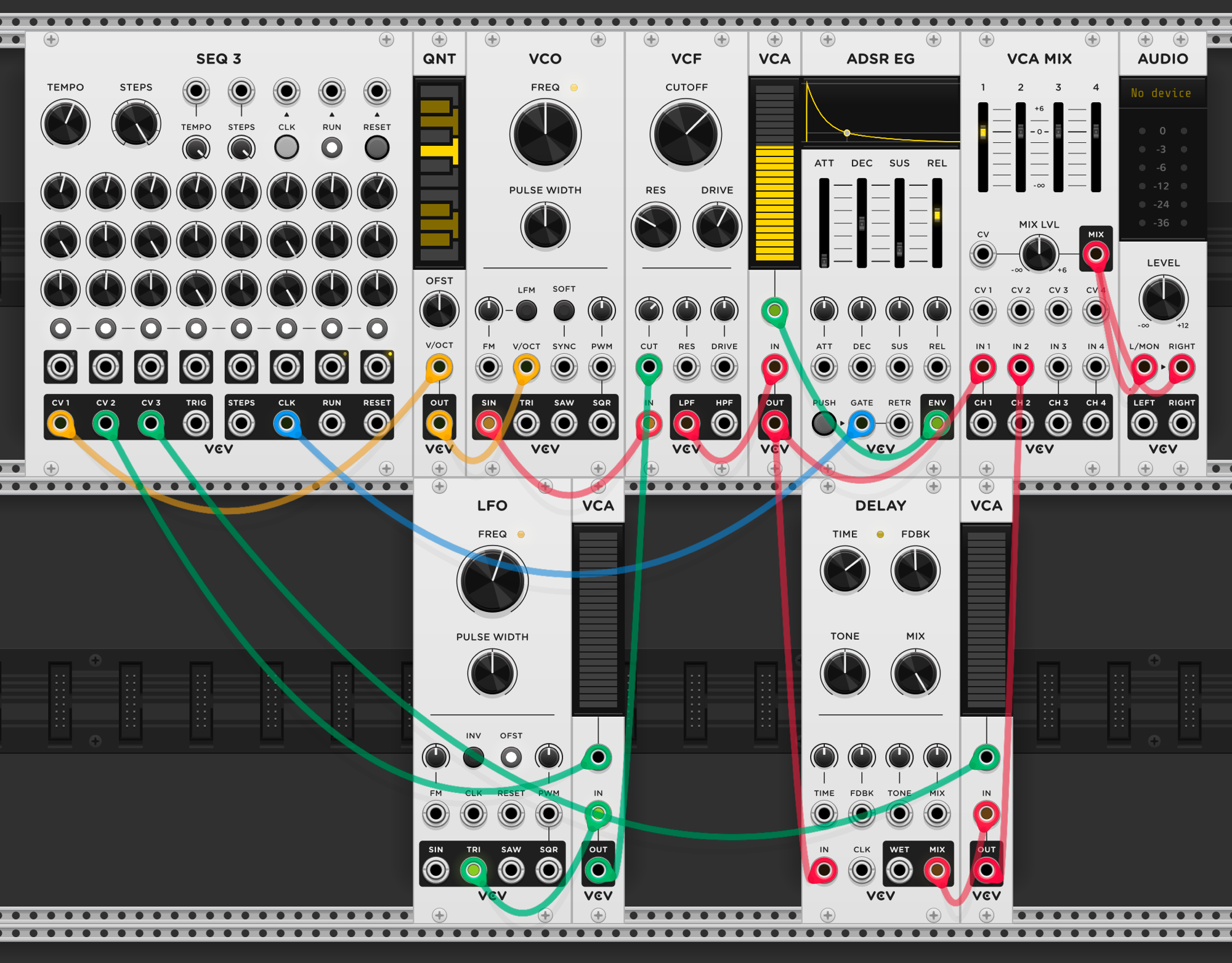 SEQ3 row 1 through quantizer to VCO for pitch. VCO through VCF, VCA, ADSR to VCA MIX channel 1. An LFO sine output goes through a second VCA before reaching the VCF cutoff input — SEQ3 row 2 controls that VCA, with steps 1, 3, and 6 active. The voice audio also feeds a delay module, whose wet output goes through a third VCA to VCA MIX channel 2 — SEQ3 row 3 controls that VCA, with steps 4 and 6 active