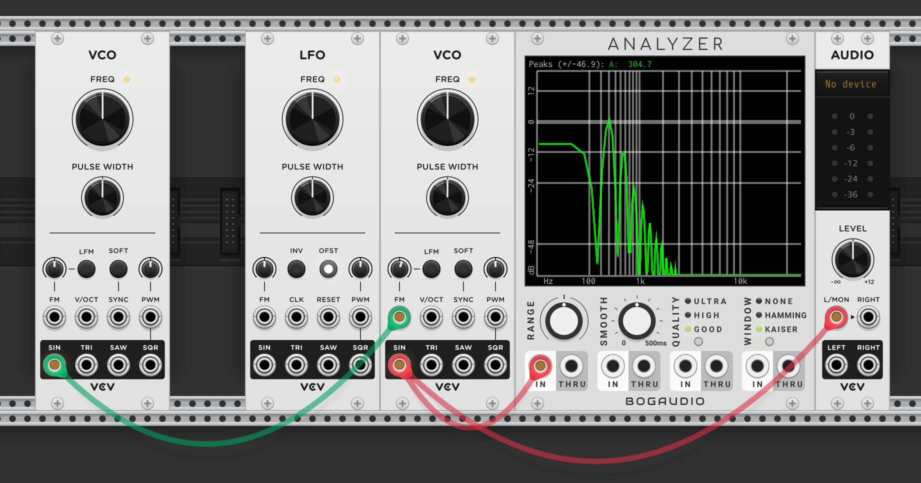 Two VCOs with an LFO in between. First VCO (modulator) sine output into second VCO (carrier) FM input. Carrier sine output to Bogaudio Analyzer and audio. Analyzer shows multiple harmonic peaks spread across the frequency spectrum — far more complex than a single sine wave