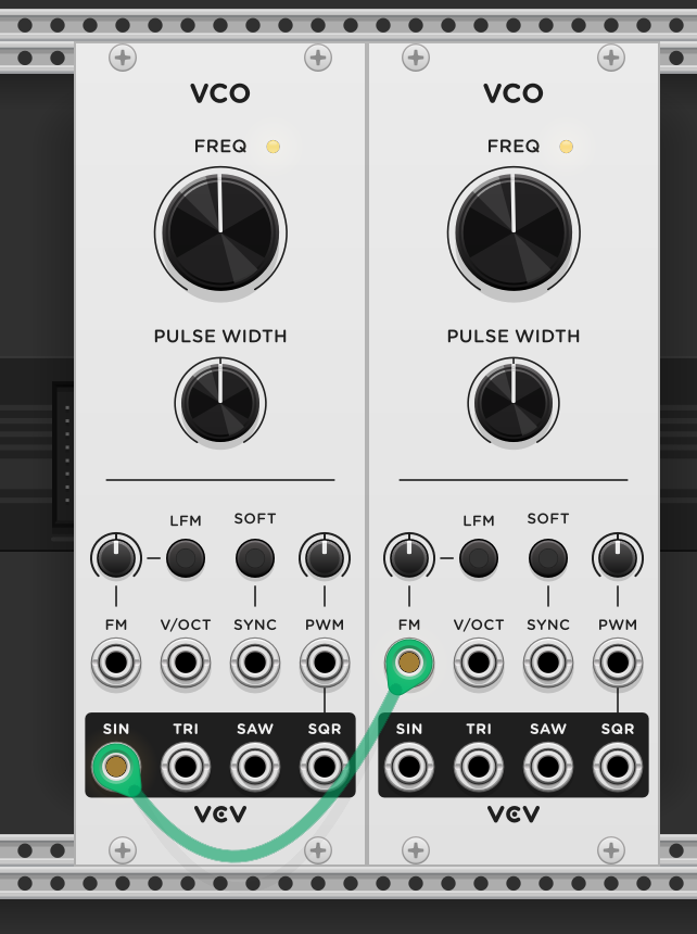 Two VCOs — modulator (left) sine output into carrier (right) FM input. The modulator controls the timbre, the carrier produces the sound you hear