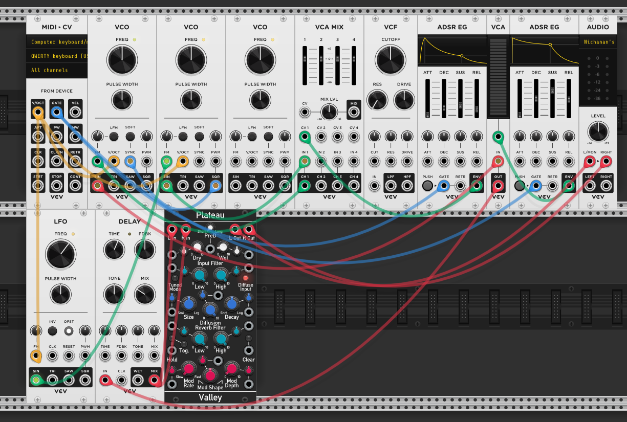 Same FM patch with delay added before Plateau reverb. Wider vibrato from the LFO. Signal chain goes through delay then into reverb for a chamber-like spatial effect