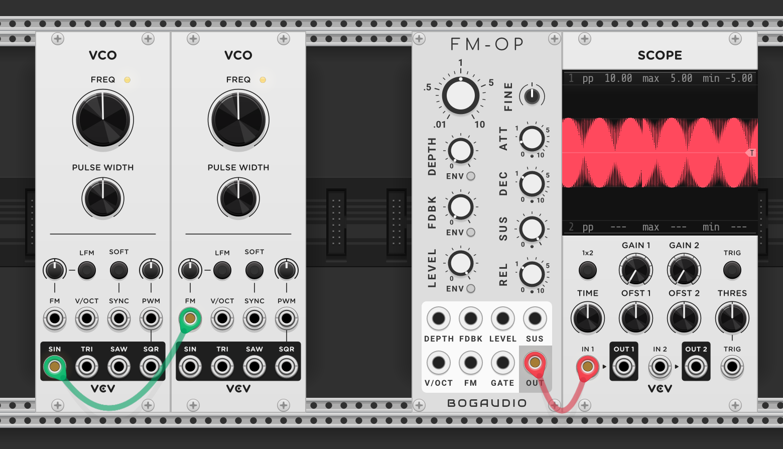 Two VCOs as modulator and carrier, plus a Bogaudio FM-OP operator module. FM-OP has built-in ratio tuning, ADSR envelope, level control, depth, and feedback. FM-OP output to scope shows amplitude-shaped FM sound