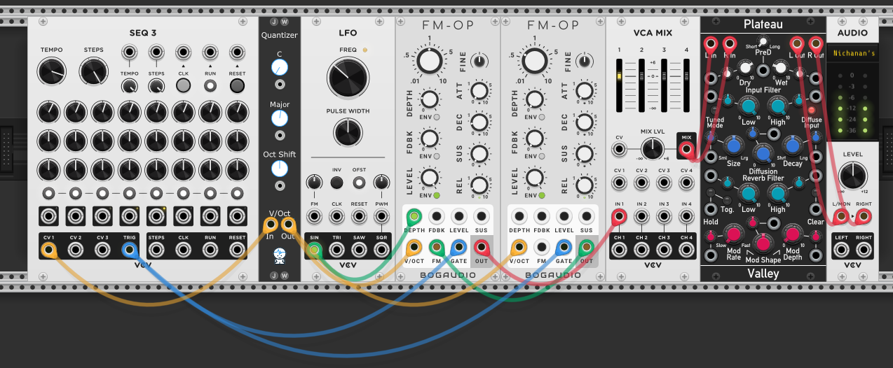 Same sequenced FM patch with an LFO added, its sine output into the modulator's depth CV input. Plateau reverb added after VCA MIX, stereo output to audio