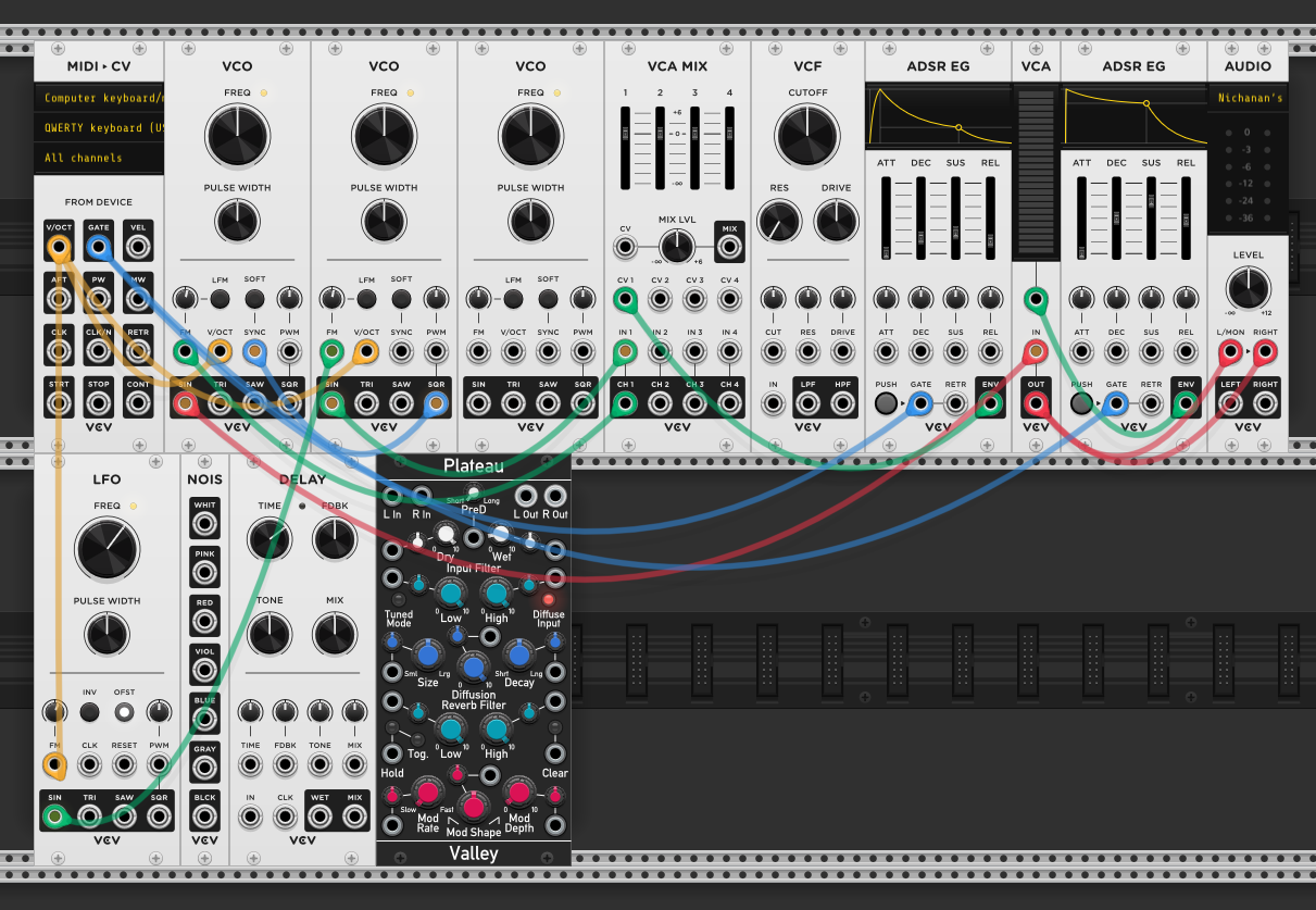 Same patch with an LFO added. LFO sine output into the modulator VCO's FM input. Both modulator and carrier VCOs are synced. Delay and Plateau reverb in the signal chain