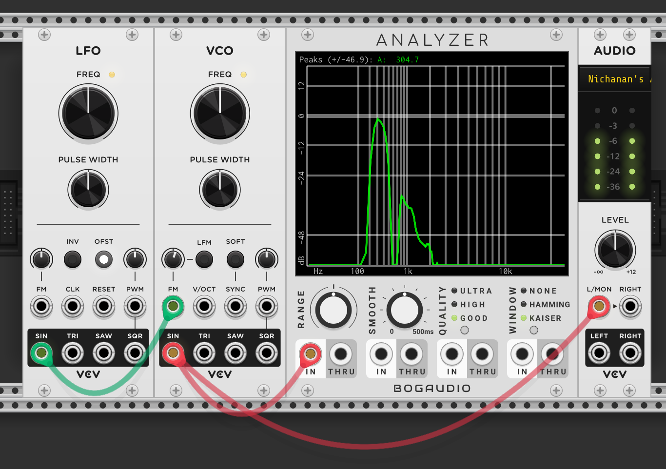 LFO sine output into VCO FM input. VCO sine output through Bogaudio Analyzer to audio. The analyzer shows a frequency peak around 304 Hz with a spread caused by the LFO sweeping the VCO's pitch up and down