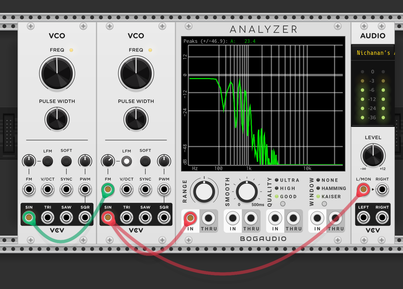 Two VCOs, both with LFM switch set to linear FM mode. Modulator VCO sine into carrier VCO FM input. Carrier sine output to Bogaudio Analyzer and audio. Analyzer shows sidebands spreading out from the carrier frequency with the fundamental still visible on the left
