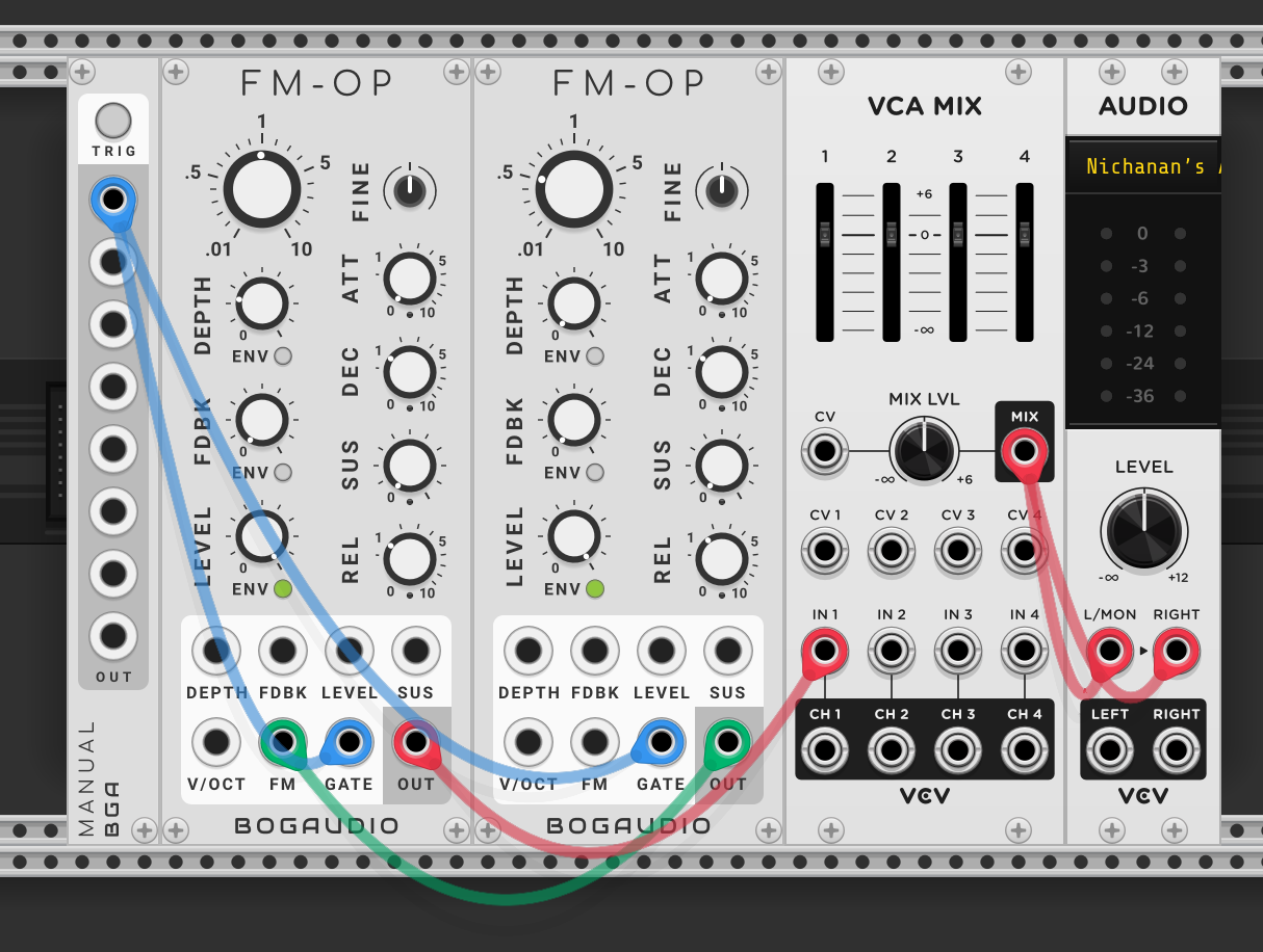Two FM-OP modules with envelopes activated (ENV lights on for level). Manual trigger button sends gate to both operators. Attack and sustain set to zero on both for a percussive hit. Modulator's decay and release set shorter than the carrier's