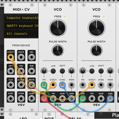 MIDI-CV module with V/OCT output going to both VCOs' V/OCT inputs. Modulator VCO sine output into carrier VCO FM input. Carrier output to audio