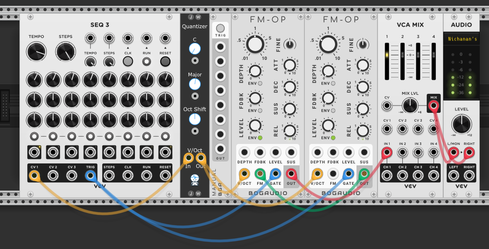 SEQ3 row 1 through quantizer into both operators' V/OCT inputs. SEQ3 trigger output to both operators' gate inputs. Modulator output into carrier FM input. Carrier output to VCA MIX to audio. Modulator has depth and feedback knobs adjusted