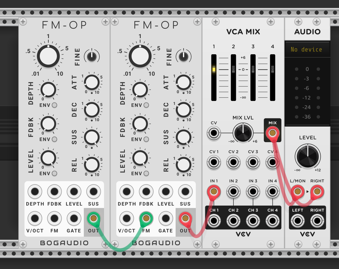Two Bogaudio FM-OP modules. Modulator (left) output into carrier (right) FM input. Carrier output to VCA MIX channels 1 and 2, then to audio. Both operators set to ratio 1 (1:1)