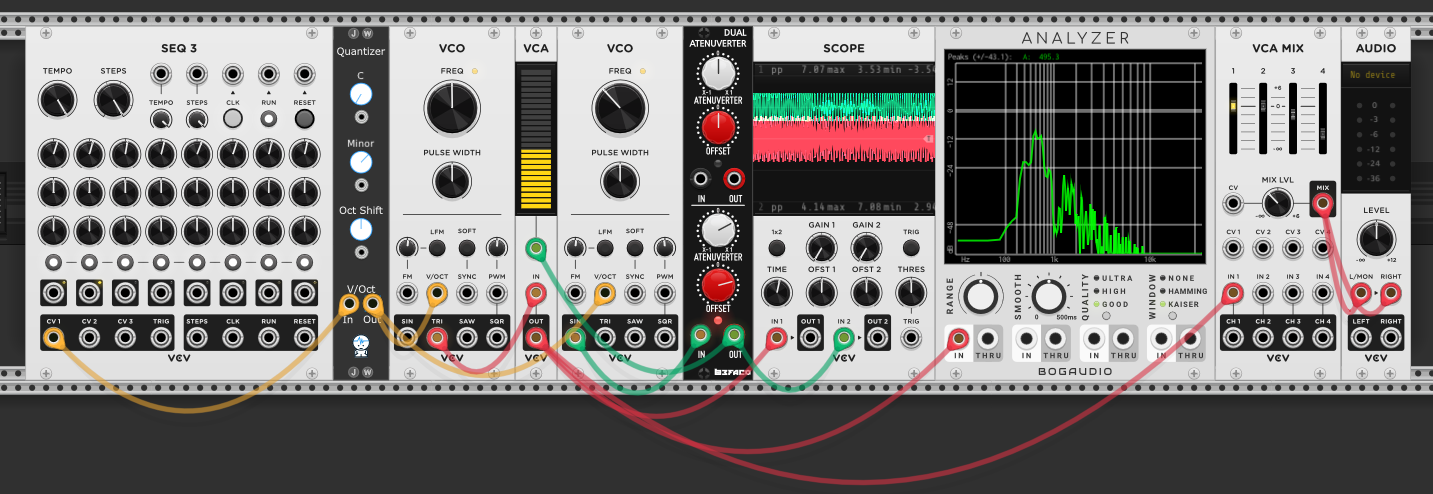 SEQ3 through quantizer (C minor) into both VCOs' V/OCT. Second VCO sine into dual attenuverter with offset, then into VCA CV. First VCO triangle into VCA. Analyzer shows carrier fundamental with AM sidebands