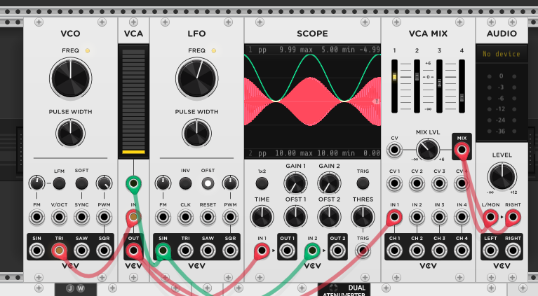 VCO triangle wave into VCA, LFO sine into VCA CV input. Scope shows the triangle wave amplitude rising and falling with the LFO — tremolo effect