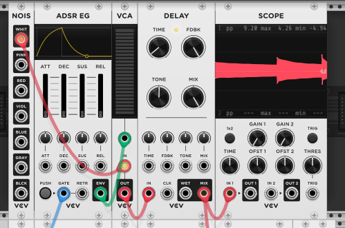 Noise module (white output) into ADSR EG into VCA, then into Delay with high feedback and short delay time. Scope shows a decaying plucked-string waveform