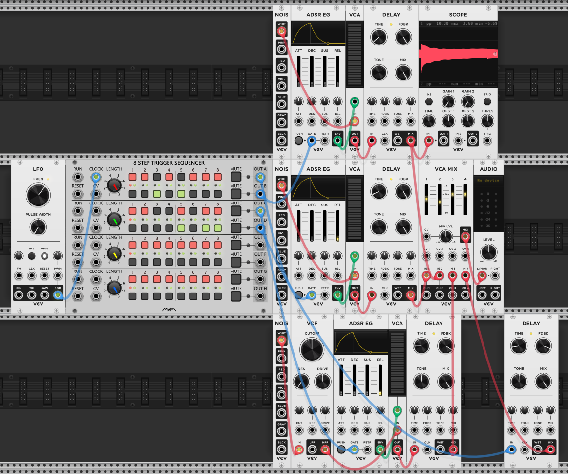 Four Karplus Strong voices with different noise colors, each gated by separate rows of an 8-step trigger sequencer. Bottom voice adds a VCF before the delay. Bottom-right delay uses direct trigger excitation