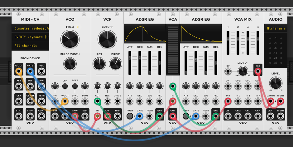 MIDI-CV into VCO saw wave, through VCF with first ADSR envelope on cutoff, then VCA with second ADSR envelope on amplitude. Output to VCA MIX to audio
