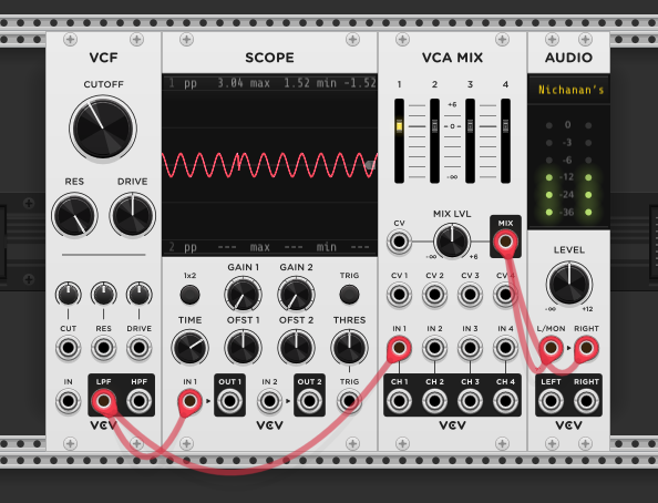VCF with resonance at maximum, no input signal. Scope shows a clean sine wave — the filter is self-oscillating, producing its own tone from the resonance alone