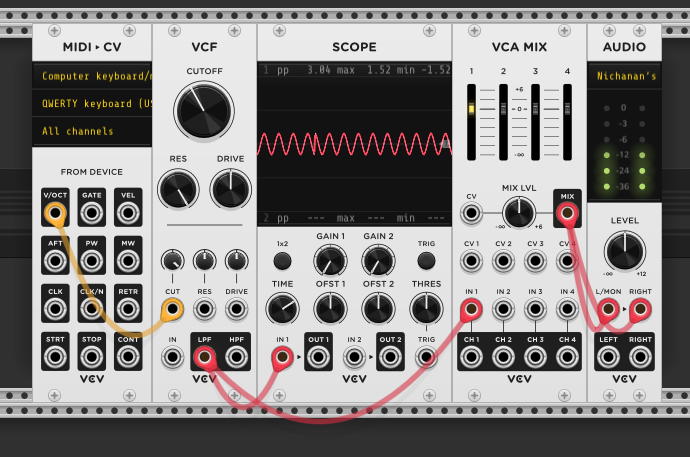MIDI-CV V/OCT output into VCF cutoff CV input. Filter self-oscillating at max resonance, no VCO — the keyboard controls the filter's pitch directly