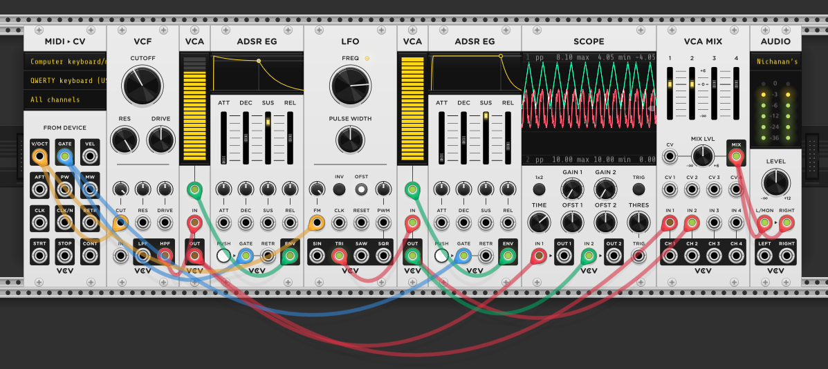 Same two-voice patch but the VCF is now using the HPF output instead of LPF. Scope shows a different waveform character from the high-pass self-oscillation