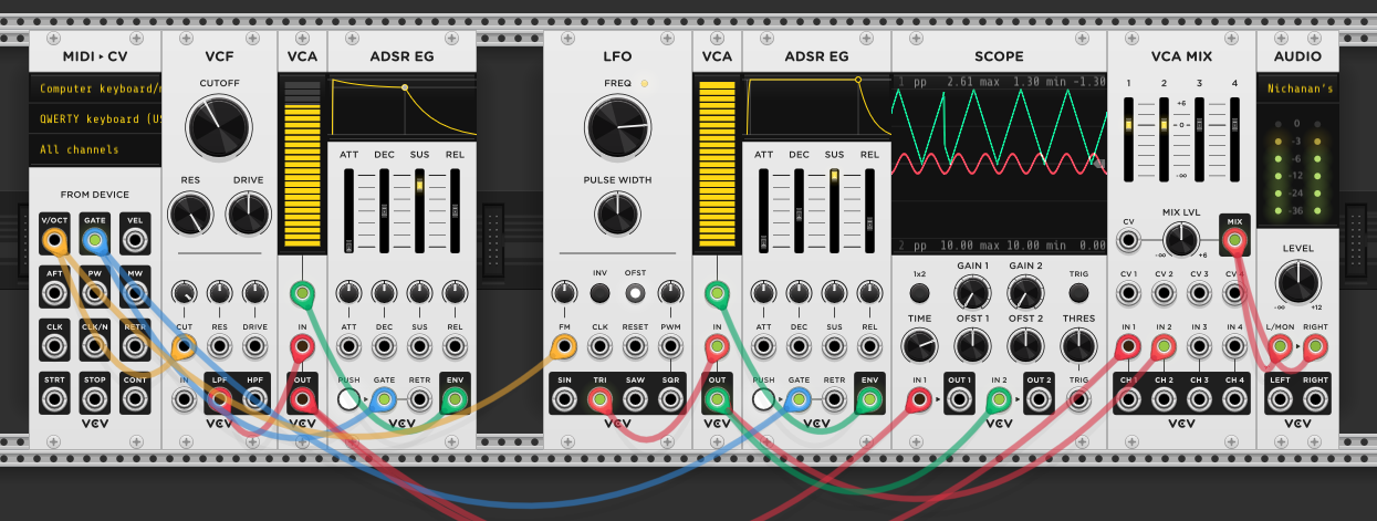 Two voices: self-oscillating VCF as first voice with ADSR and VCA, LFO with frequency turned up as second voice with its own ADSR and VCA. Both into VCA MIX. Scope shows the two waveforms
