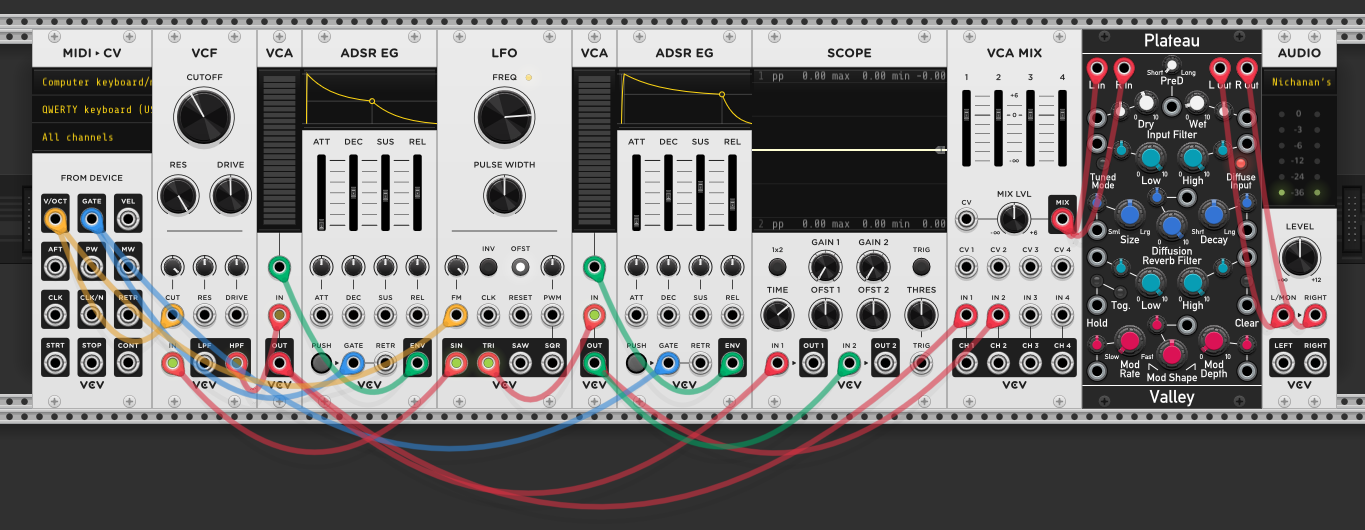 LFO output into VCF audio input while filter is still self-oscillating. Both voices through VCAs with ADSRs, mixed together through Plateau reverb to audio
