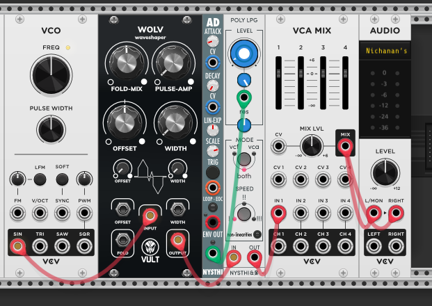 VCO sine through WOLV waveshaper, then into Poly LPG set to VCA mode. AD envelope output into LPG CV. LPG level knob turned all the way down so the envelope controls the amplitude entirely
