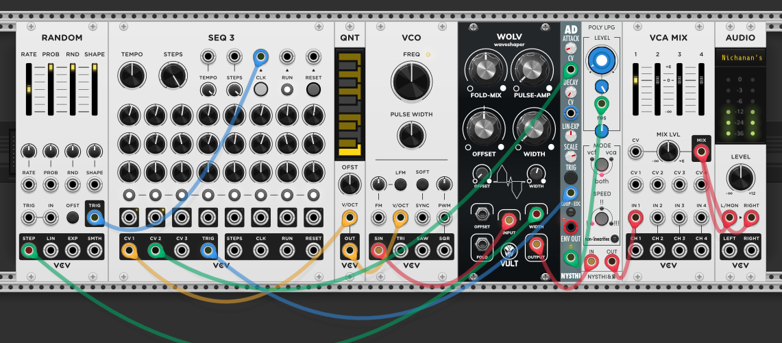 Random module's step output into WOLV width CV input. SEQ3 through quantizer into VCO, through WOLV waveshaper, AD envelope into Poly LPG. Each note gets a different waveshape