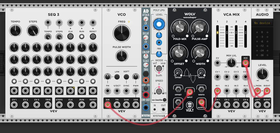 SEQ3 into VCO sine, through Vult WOLV waveshaper into a Poly LPG (AD envelope with VCF/VCA modes). Width and pulse-amp knobs on the WOLV control harmonic richness. Output to VCA MIX to audio