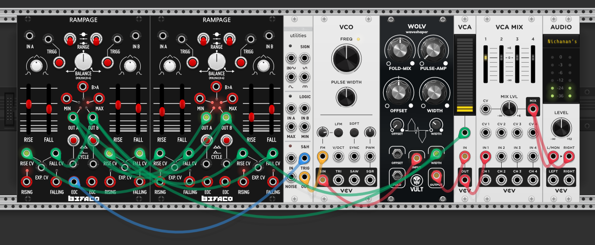 Two Rampage modules cross-modulating each other — second Rampage's outputs feed back into the first Rampage's rise/fall CVs. Second Rampage also modulates the WOLV waveshaper width. Both in cycle mode
