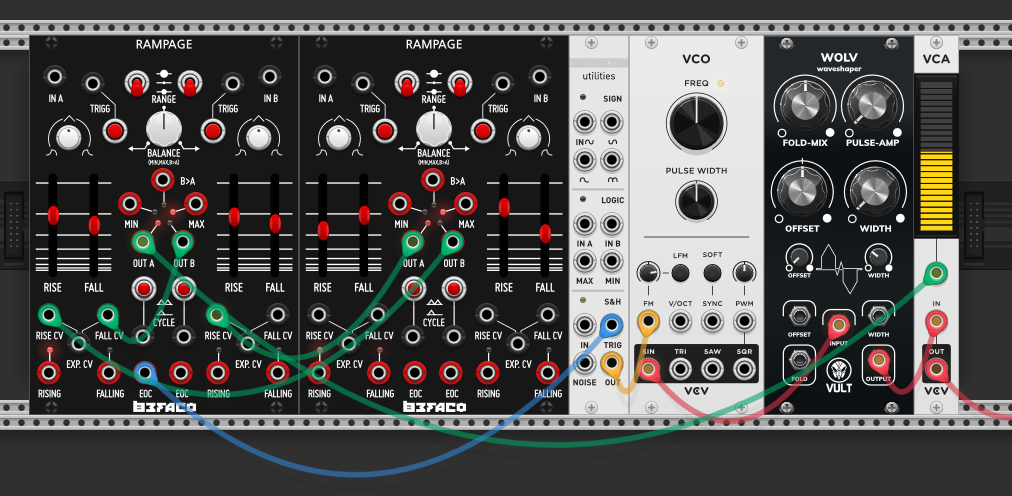 Same two-Rampage Krell patch with S&H added. Second Rampage's EOC triggers the S&H, which samples noise. S&H output goes to VCO FM input for varied pitch modulation on each note