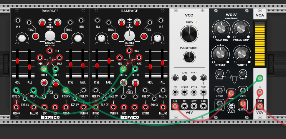 Two Rampage modules. First Rampage in cycle mode — its side A output modulates the second Rampage's rise and fall CVs. Second Rampage's output goes to VCO V/OCT, through WOLV waveshaper into VCA