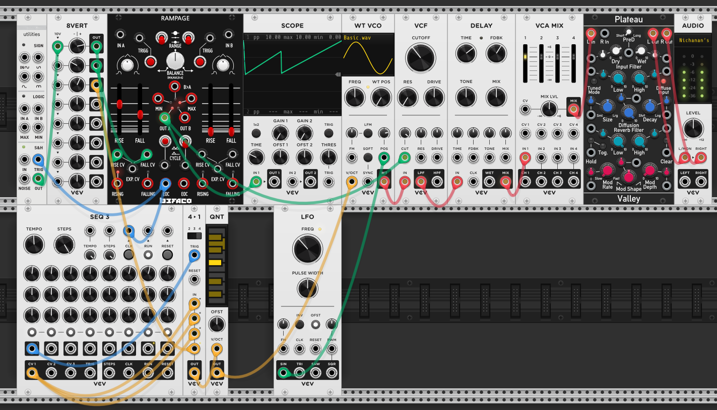 Same patch with an LFO added, its output modulating the WT VCO's wavetable position. Signal chain now includes delay and Plateau reverb after the VCF