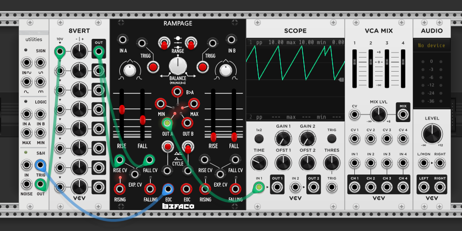 Rampage in cycle mode with EOC triggering the Kinks S&H. S&H samples noise on each trigger, its output feeds back into Rampage's fall CV. Scope shows an irregular, ever-changing ramp shape