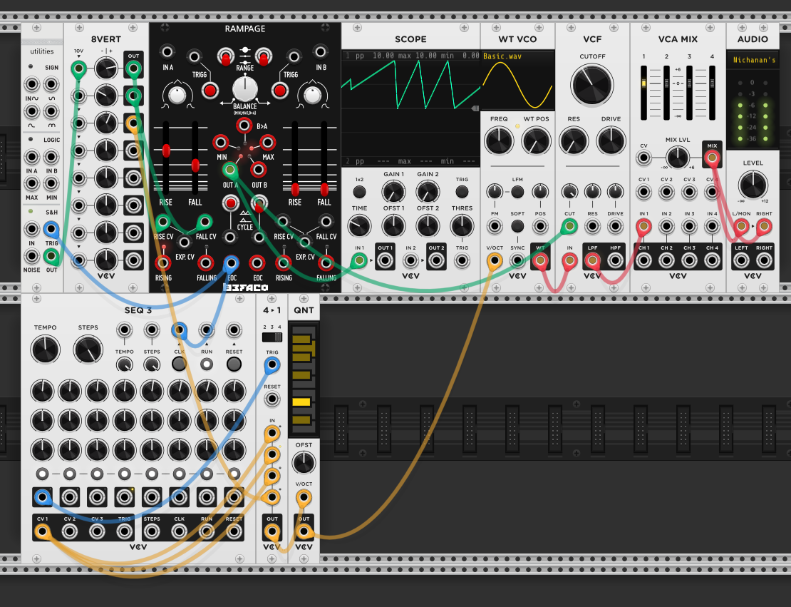 SEQ3 CV1 rows into a 4→1 sequential switch, with the fourth input coming from the S&H instead of the sequencer. Switch output through quantizer into WT VCO, through VCF to VCA MIX. SEQ3 first row triggers the sequential switch