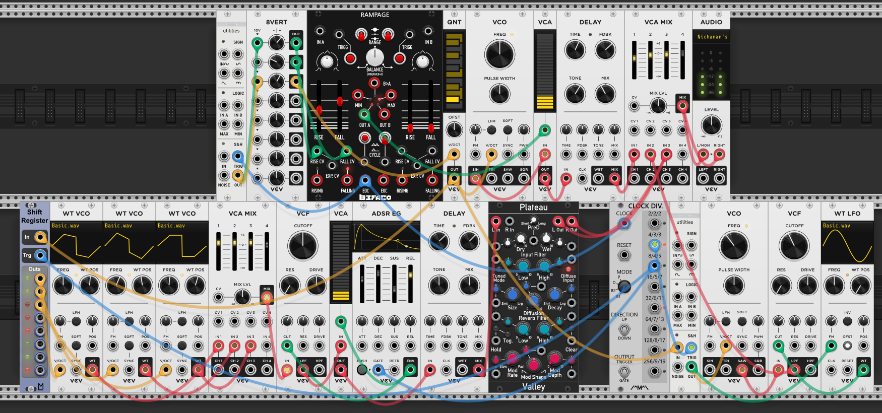 Full patch: chord voices through VCA MIX into VCF, with ADSR envelope controlling both VCA amplitude and filter cutoff. Signal chain continues through delay and Plateau reverb for atmospheric depth