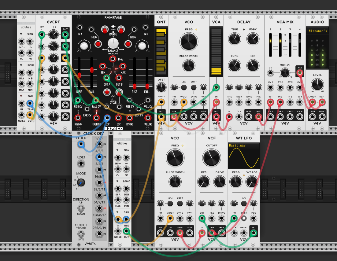 Rampage EOC into clock divider. A divided output triggers a second S&H, whose input is the same pitch CV going to the top voice. S&H output into bottom VCO V/OCT — the bass changes notes less frequently than the melody. S&H also modulates the WT LFO's FM input