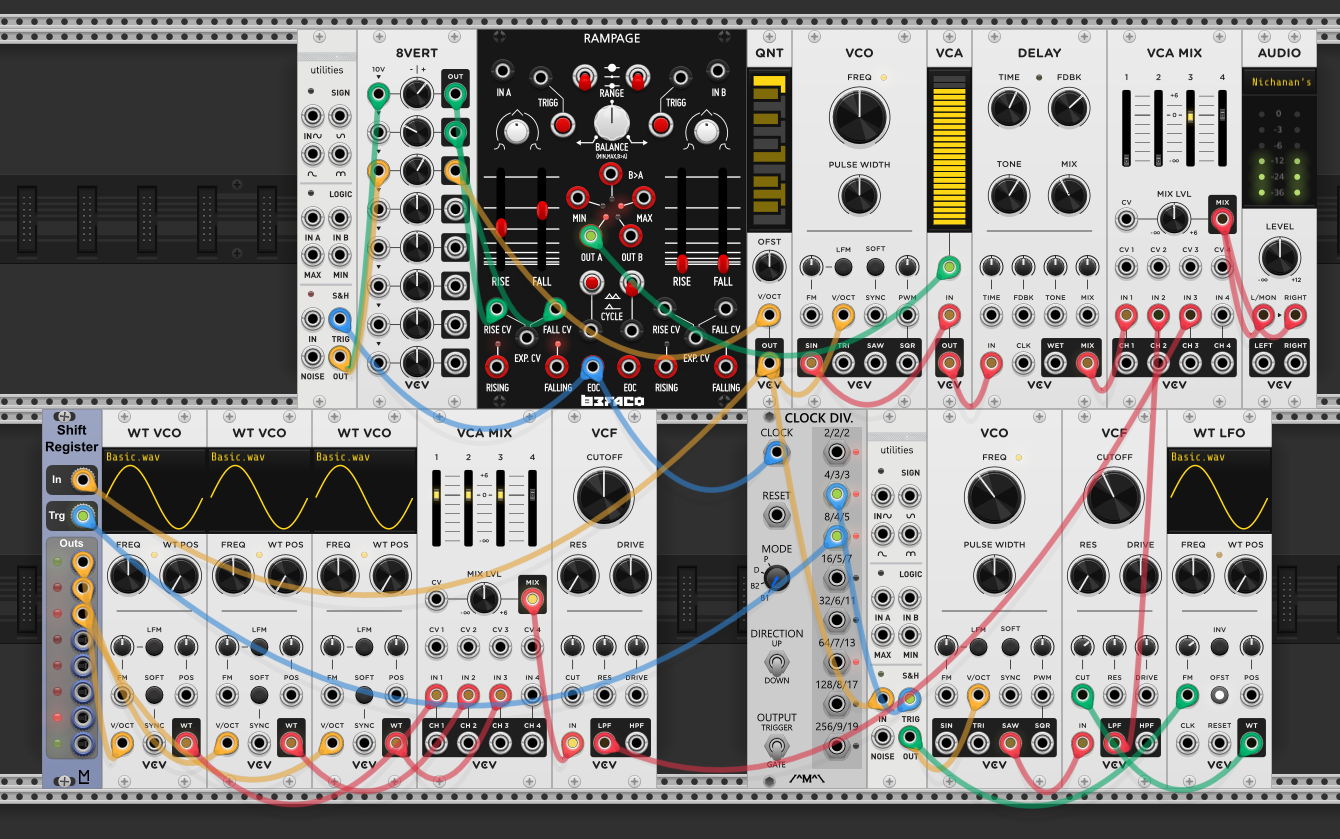 Shift register fed by the quantized pitch CV, triggered by a clock division. Three outputs go to three WT VCOs for a three-note chord. Mixed through VCA MIX, filtered through VCF (LPF), then into the main mix. Bass voice and clock divider on the right