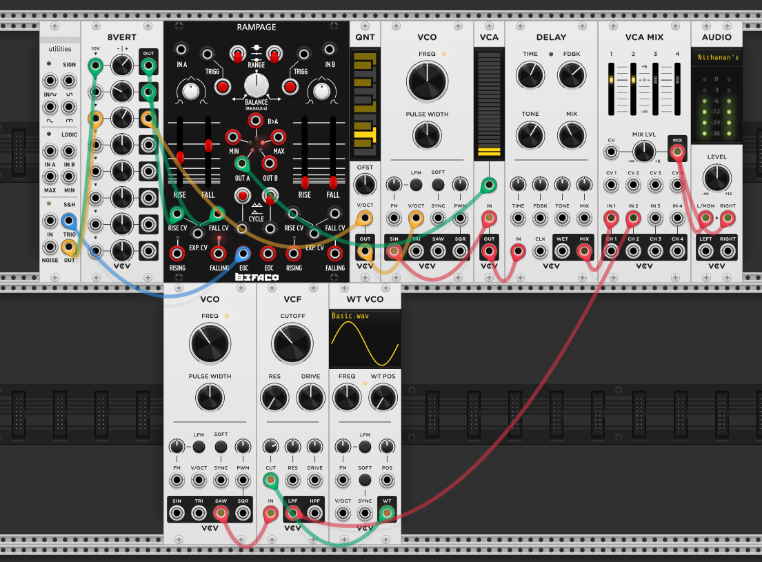 Top row: 8VERT modulating Rampage rise/fall, Rampage output into VCA CV. S&H through quantizer into VCO V/OCT for pitch. VCO through VCA into delay, then VCA MIX. Bottom row: VCO saw through VCF, with WT VCO modulating the main VCO's FM input