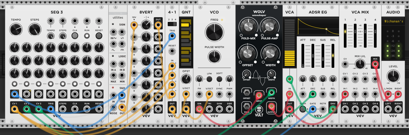 SEQ3 CV rows into first three inputs of a 4→1 sequential switch, S&H into the fourth input. Switch triggered by SEQ3 row 1. Output through quantizer into VCO. Sequencer still controls waveshaper width and envelope decay