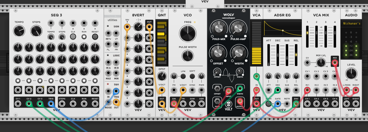 S&H sampling noise, output through 8VERT attenuator into quantizer, then to VCO V/OCT. SEQ3 still controlling waveshaper width and envelope decay