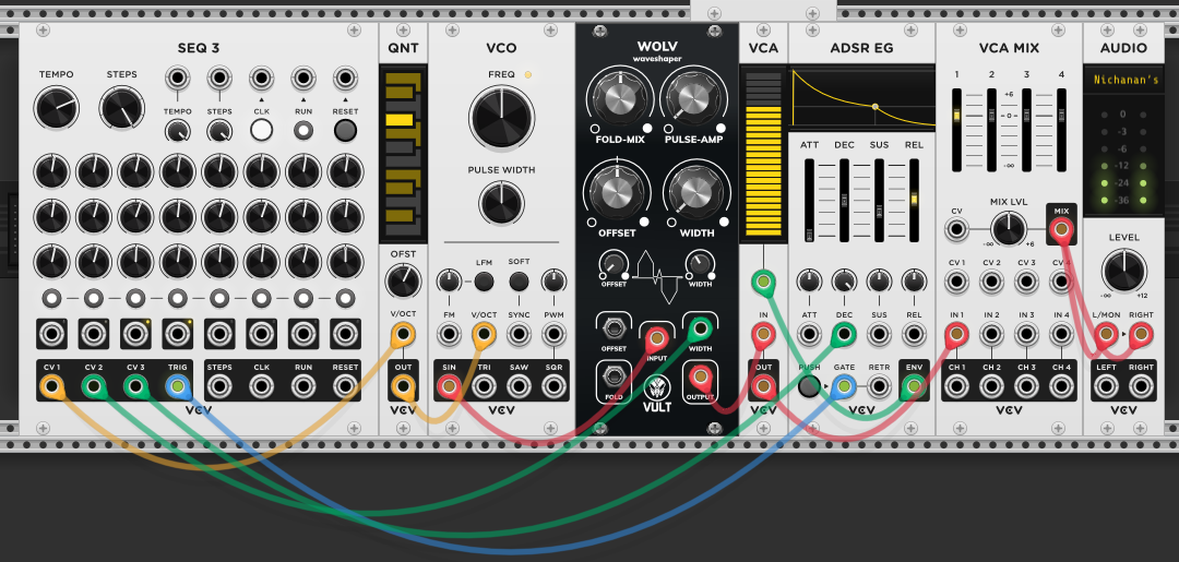 SEQ3 CV1 through quantizer into VCO V/OCT. SEQ3 CV2 modulating WOLV waveshaper width. SEQ3 CV3 modulating ADSR decay. VCO sine through WOLV into VCA, shaped by ADSR, to VCA MIX and audio