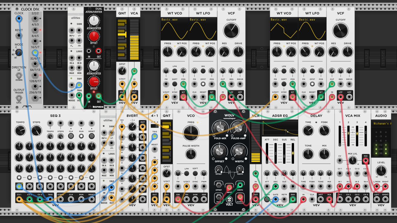 Clock divider triggers S&H, S&H output through dual attenuverter (with offset to prevent zero) into VCA CV. VCA sits between the sequencer and the quantizer, attenuating the pitch CV. When the S&H triggers, the VCA scales the pitch sequence differently