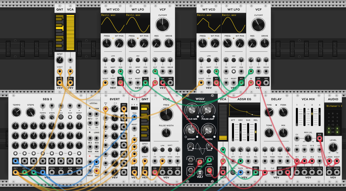 Two additional voices on the top row: each has a WT VCO paired with a WT LFO and VCF. Each WT LFO modulates its own VCO and the other voice's filter cutoff. All voices share pitch from SEQ3 row 1 through quantizer. Main voice on bottom row with sequential switch, waveshaper, delay
