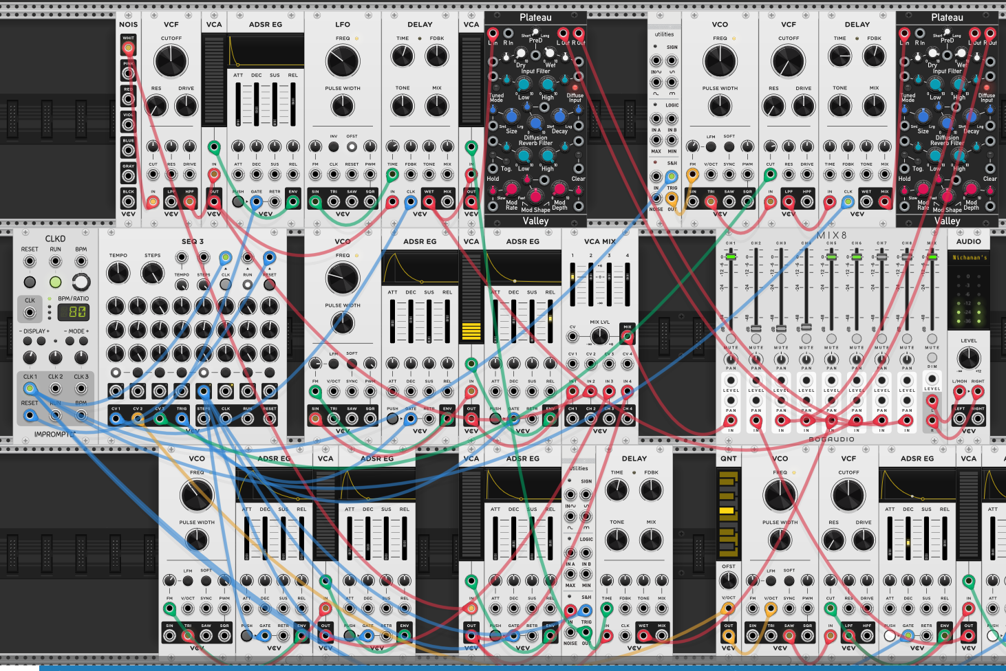 Full patch with delays and reverbs added to percussion. Hi-hat has LFO modulating attack. Snare delay time modulated by LFO, sent through Plateau reverb. Two Plateau reverbs visible for different voices
