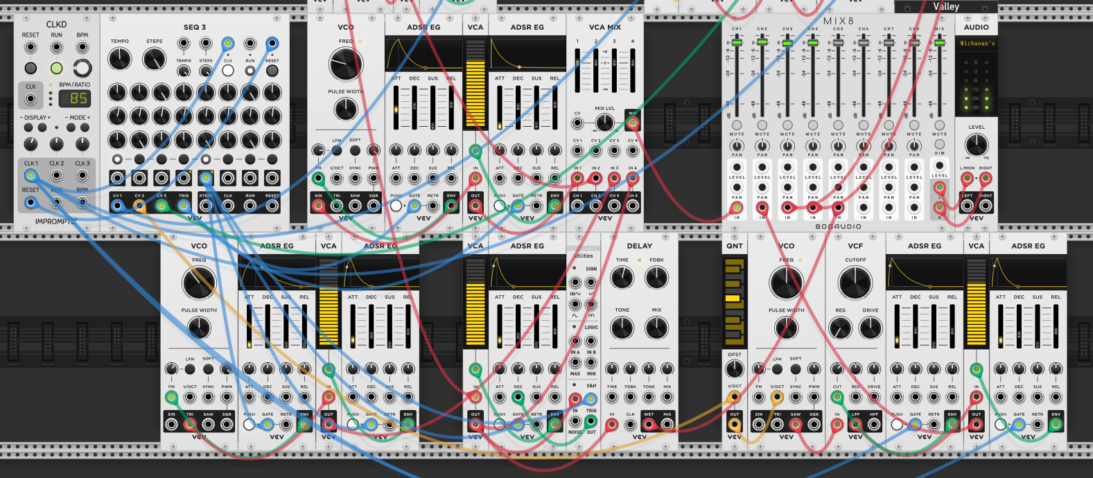 Same patch with clock slowed down. Delay added to the snare voice, wet-only signal to the mixer. S&H modulating the snare's ADSR decay time for varying snare lengths