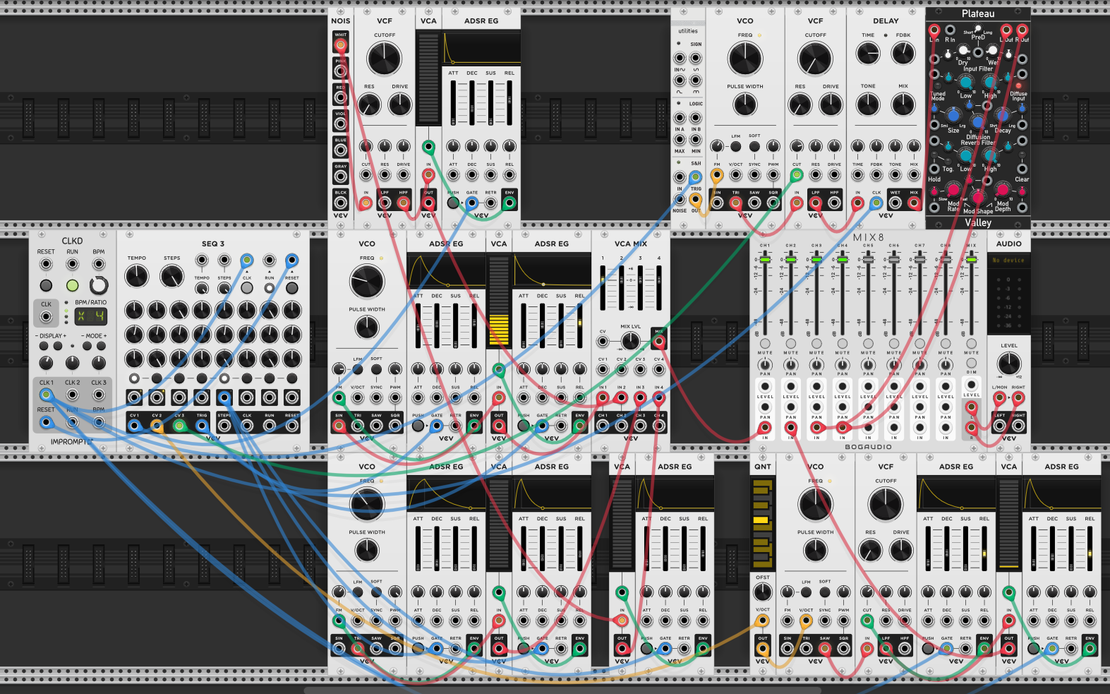 Full starter patch: CLKD clock module into SEQ3. Middle column: percussion section with noise through VCF/VCA for hi-hat, bass drum, and snare. Middle row right: main melodic voice (VCO through ADSR-shaped VCA into VCA MIX). Bottom row right: background atmospheric voice through VCF, delay, and Plateau reverb. All mixed through MIX8 to audio