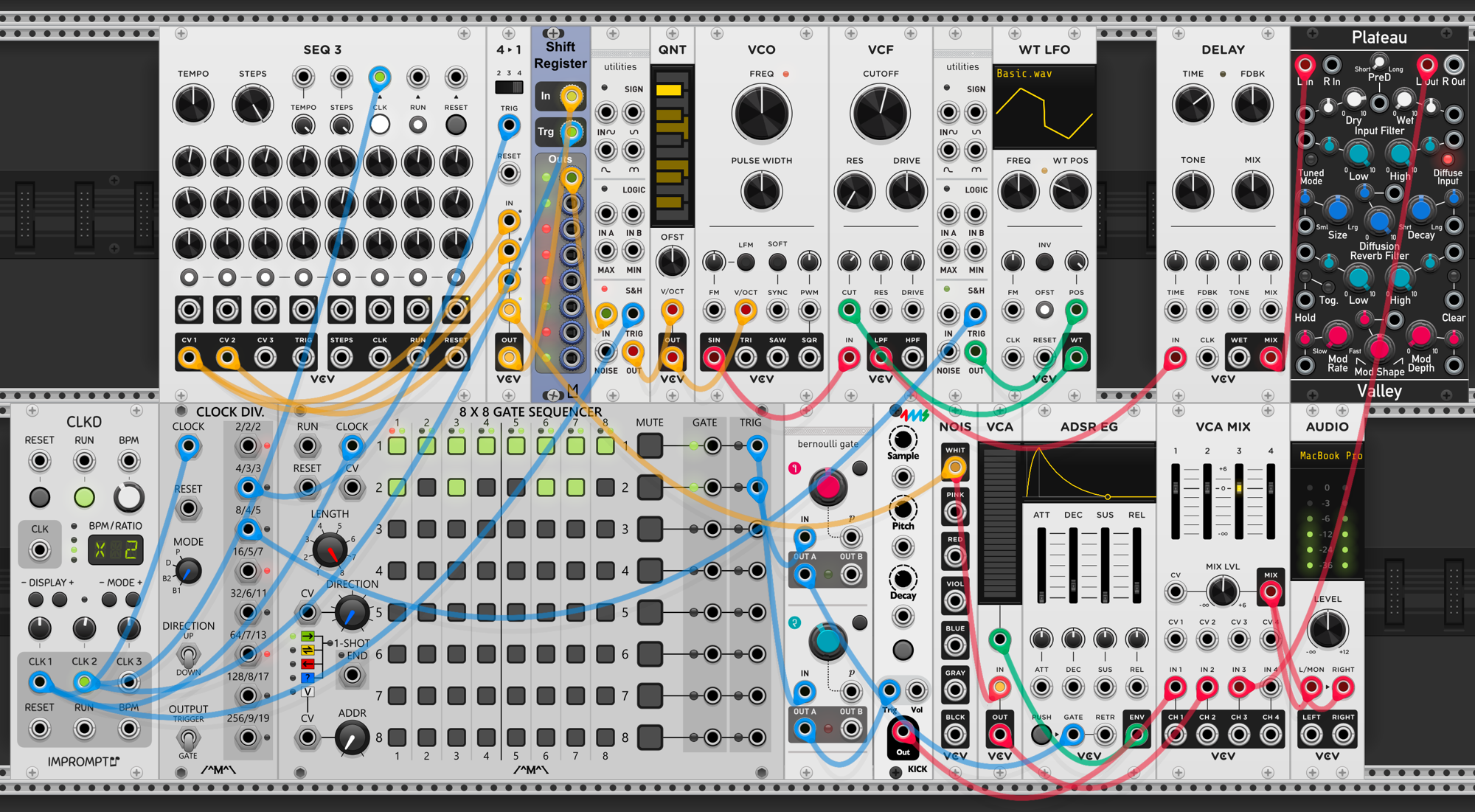 Generative additions — clock divider, 4→1 sequential switch for pitch mutation, Bernoulli gates on drums, S&H modulating WT LFO wavetable position