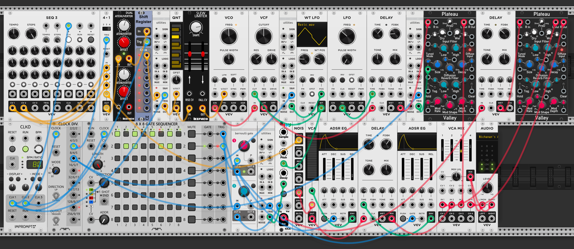 Slew limiter for pitch glide, panned kick reverb, delay heartbeat, static texture from wet reverb