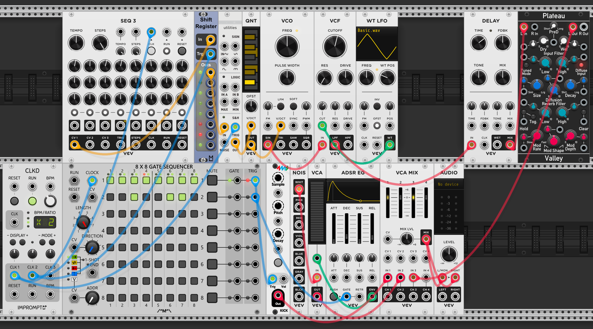 Starting patch — SEQ 3 into shift register into quantized VCO voice with filter, delay, and Plateau reverb. Kick and hi-hat from gate sequencer. CLKD clocking everything.